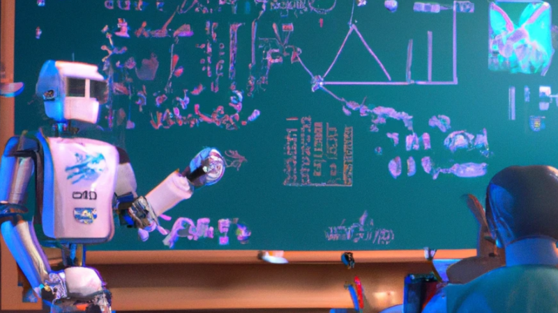 a robot stands in front of a blackboard teaching a class