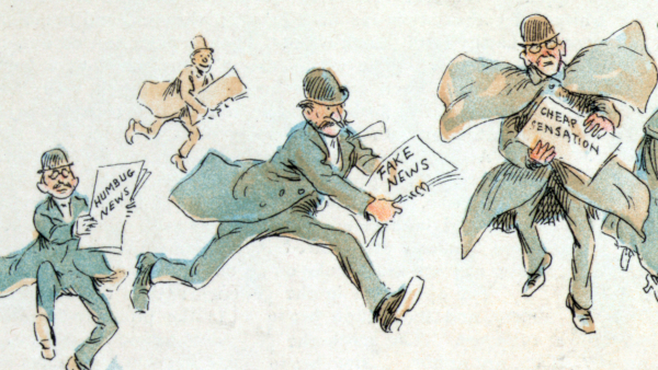 Reporters with various forms of 'fake news' from an 1894 illustration by Frederick Burr Opper