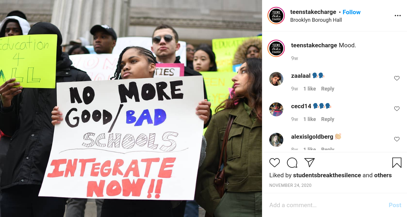 instagram photo, teenstakecharge, black high school girl with a sign says integrate now