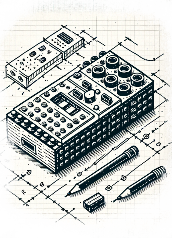 imaginative sketch of early lego robot