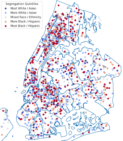 map of schools in NYC plotted with a heat map based on segregation statistics